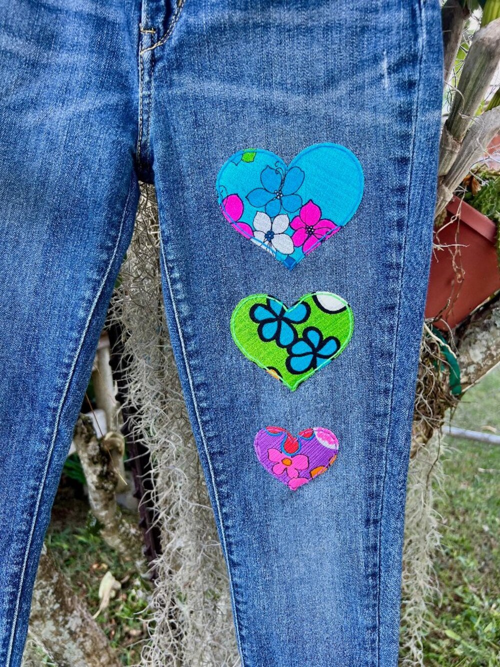 Upcycled Levi’s Jeans with Handsewn Retro Hawaiian Fabric Appliqué Hearts